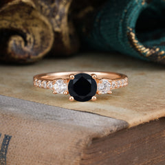 Round Cut 4 Prong Black Onyx Engagement Ring Three Stone Promise Ring Four Claw Prong Setting