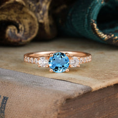 Round Cut 4 Prong Aquamarine Engagement Ring Three Stone Promise Ring Four Claw Prong Setting