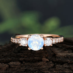 Round Cut Moonstone Engagement Ring Three Stone Promise Ring Four Claw Prong Setting
