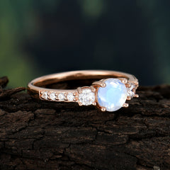 Round Cut Moonstone Engagement Ring Three Stone Promise Ring Four Claw Prong Setting