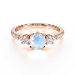 Round Cut Moonstone Engagement Ring Three Stone Promise Ring Four Claw Prong Setting