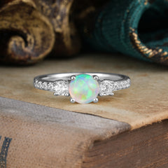 Round Cut 4 Prong Opal Engagement Ring Three Stone Promise Ring Four Claw Prong Setting