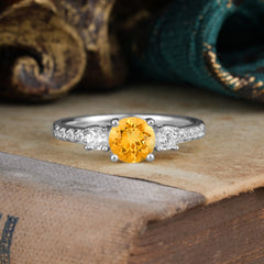 Round Cut 4 Prong Citrine Engagement Ring Three Stone Promise Ring Four Claw Prong Setting