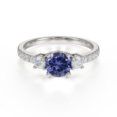 Round Cut Tanzanite Engagement Ring Three Stone Promise Ring Four Claw Prong Setting