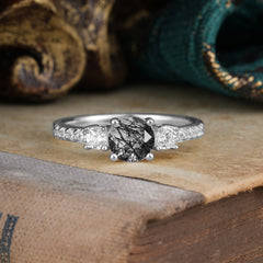 Round Cut Black Rutilated Quartz Engagement Ring Three Stone Promise Ring Four Claw Prong Setting