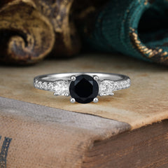 Round Cut 4 Prong Black Onyx Engagement Ring Three Stone Promise Ring Four Claw Prong Setting