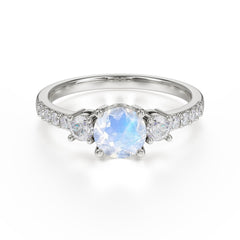 Round Cut Moonstone Engagement Ring Three Stone Promise Ring Four Claw Prong Setting