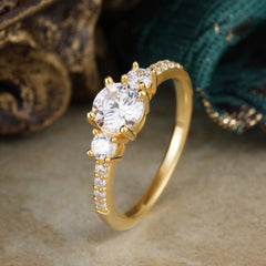 Round Cut Moissanite Engagement Ring Three Stone Promise Ring Four Claw Prong Setting