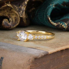 Round Cut Moissanite Engagement Ring Three Stone Promise Ring Four Claw Prong Setting