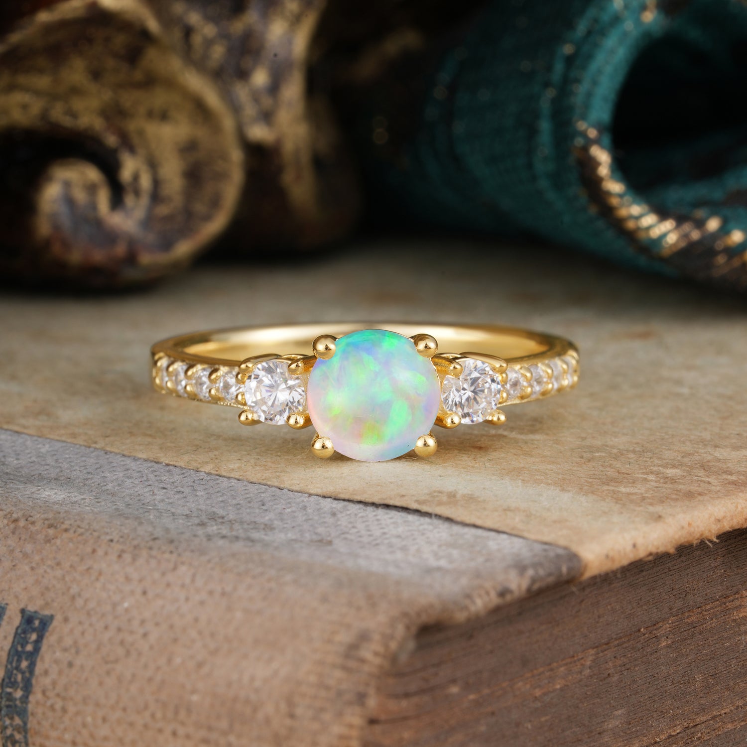 Round Cut 4 Prong Opal Engagement Ring Three Stone Promise Ring Four Claw Prong Setting