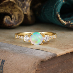 Round Cut 4 Prong Opal Engagement Ring Three Stone Promise Ring Four Claw Prong Setting