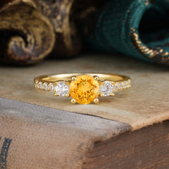 Round Cut 4 Prong Citrine Engagement Ring Three Stone Promise Ring Four Claw Prong Setting