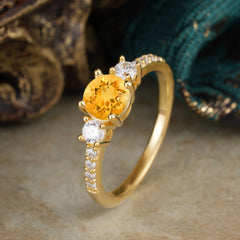 Round Cut 4 Prong Citrine Engagement Ring Three Stone Promise Ring Four Claw Prong Setting