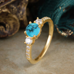 Round Cut Turquoise Engagement Ring Three Stone Promise Ring Four Claw Prong Setting