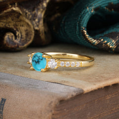 Round Cut Turquoise Engagement Ring Three Stone Promise Ring Four Claw Prong Setting