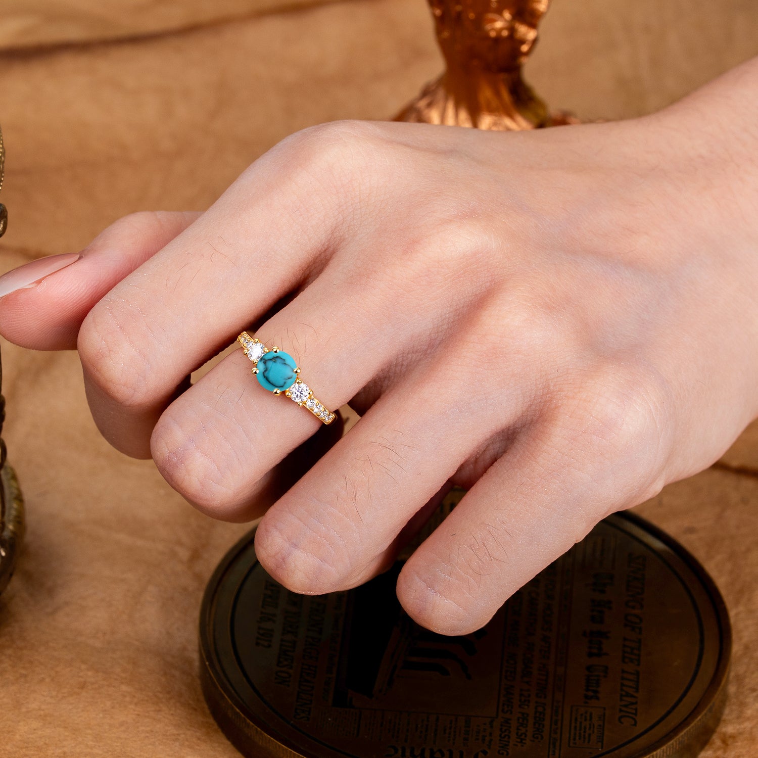 Round Cut Turquoise Engagement Ring Three Stone Promise Ring Four Claw Prong Setting