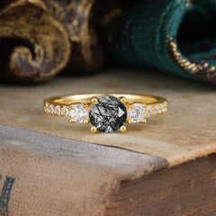 Round Cut Black Rutilated Quartz Engagement Ring Three Stone Promise Ring Four Claw Prong Setting