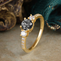 Round Cut Black Rutilated Quartz Engagement Ring Three Stone Promise Ring Four Claw Prong Setting
