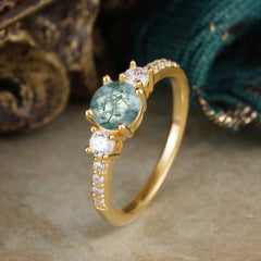 Round Cut Moss Agate Engagement Ring Three Stone Promise Ring Four Claw Prong Setting
