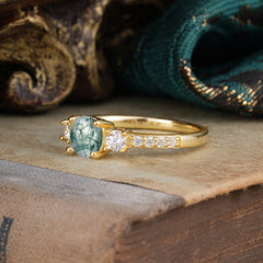 Round Cut Moss Agate Engagement Ring Three Stone Promise Ring Four Claw Prong Setting
