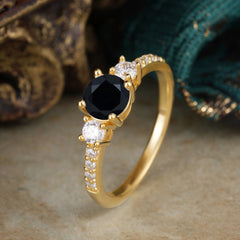 Round Cut 4 Prong Black Onyx Engagement Ring Three Stone Promise Ring Four Claw Prong Setting