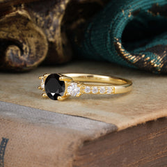 Round Cut 4 Prong Black Onyx Engagement Ring Three Stone Promise Ring Four Claw Prong Setting