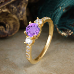 Round Cut 4 Prong Amethyst Engagement Ring Three Stone Promise Ring Four Claw Prong Setting