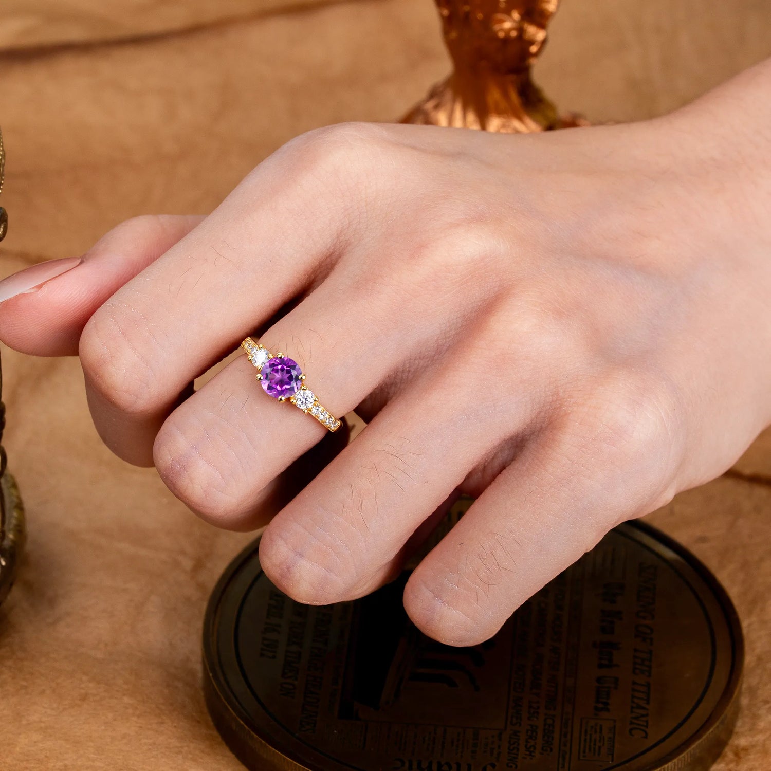 Round Cut 4 Prong Amethyst Engagement Ring Three Stone Promise Ring Four Claw Prong Setting