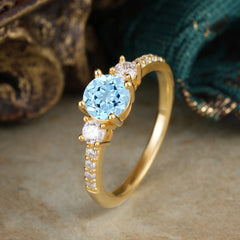 Round Cut 4 Prong Aquamarine Engagement Ring Three Stone Promise Ring Four Claw Prong Setting