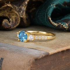 Round Cut 4 Prong Aquamarine Engagement Ring Three Stone Promise Ring Four Claw Prong Setting