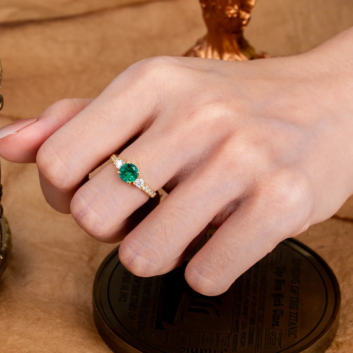 Round Cut Emerald Engagement Ring Three Stone Promise Ring Four Claw Prong Setting