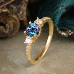 Round Cut 4 Prong Alexandrite Engagement Ring Three Stone Promise Ring Four Claw Prong Setting