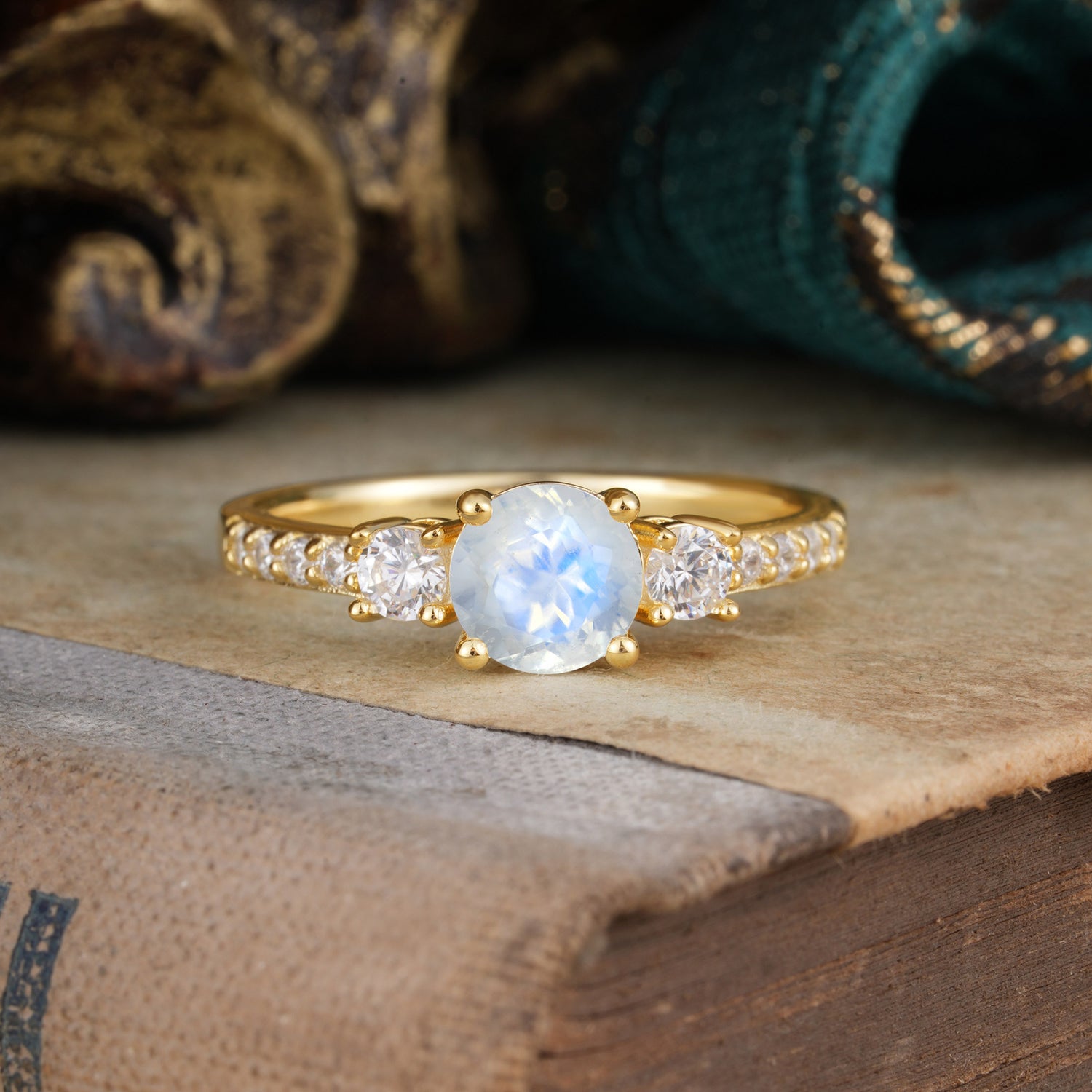 Round Cut Natural Moonstone Engagement Ring Three Stone Promise Ring Four Claw Prong Setting - Romalar Jewelry