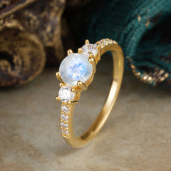 Round Cut Natural Moonstone Engagement Ring Three Stone Promise Ring Four Claw Prong Setting