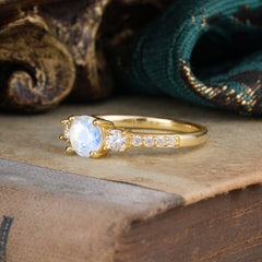 Round Cut Natural Moonstone Engagement Ring Three Stone Promise Ring Four Claw Prong Setting