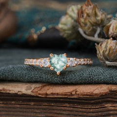 Heart Shaped Moss Agate Promise Ring Unique Three Stone Engagement Ring