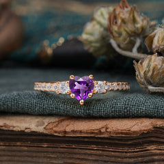 3 Prong Heart Shaped Amethyst Promise Ring Unique Three Stone Engagement Ring