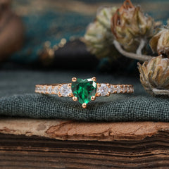 3 Prong Heart Shaped Emerald Promise Ring Unique Three Stone Engagement Ring