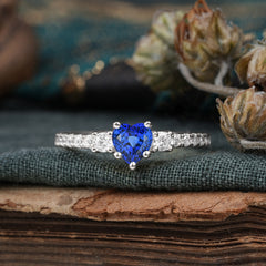 3 Prong Heart Shaped Sapphire Promise Ring Unique Three Stone Engagement Ring