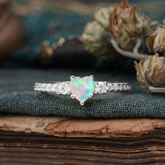 3 Prong Heart Shaped Opal Promise Ring Unique Three Stone Engagement Ring