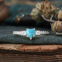 3 Prong Heart Shaped Turquoise Promise Ring Unique Three Stone Engagement Ring