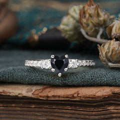 3 Prong Heart Shaped Black Onyx Promise Ring Unique Three Stone Engagement Ring