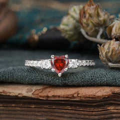 Heart Shaped Garnet Promise Ring Unique Three Stone Engagement Ring