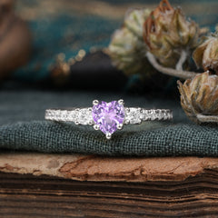 3 Prong Heart Shaped Amethyst Promise Ring Unique Three Stone Engagement Ring