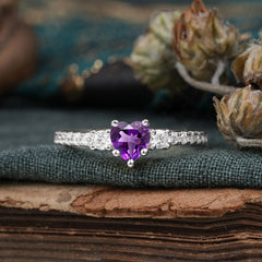 3 Prong Heart Shaped Amethyst Promise Ring Unique Three Stone Engagement Ring