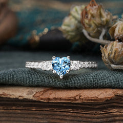 3 Prong Heart Shaped Aquamarine Promise Ring Unique Three Stone Engagement Ring