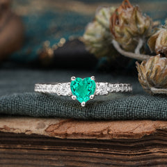 3 Prong Heart Shaped Emerald Promise Ring Unique Three Stone Engagement Ring