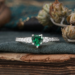 3 Prong Heart Shaped Emerald Promise Ring Unique Three Stone Engagement Ring