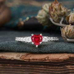 Heart Shaped Ruby Promise Ring Unique Three Stone Engagement Ring