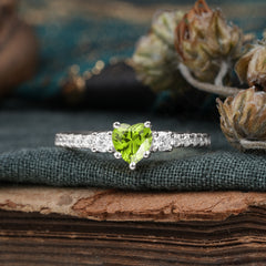 3 Prong Heart Shaped Peridot Promise Ring Unique Three Stone Engagement Ring